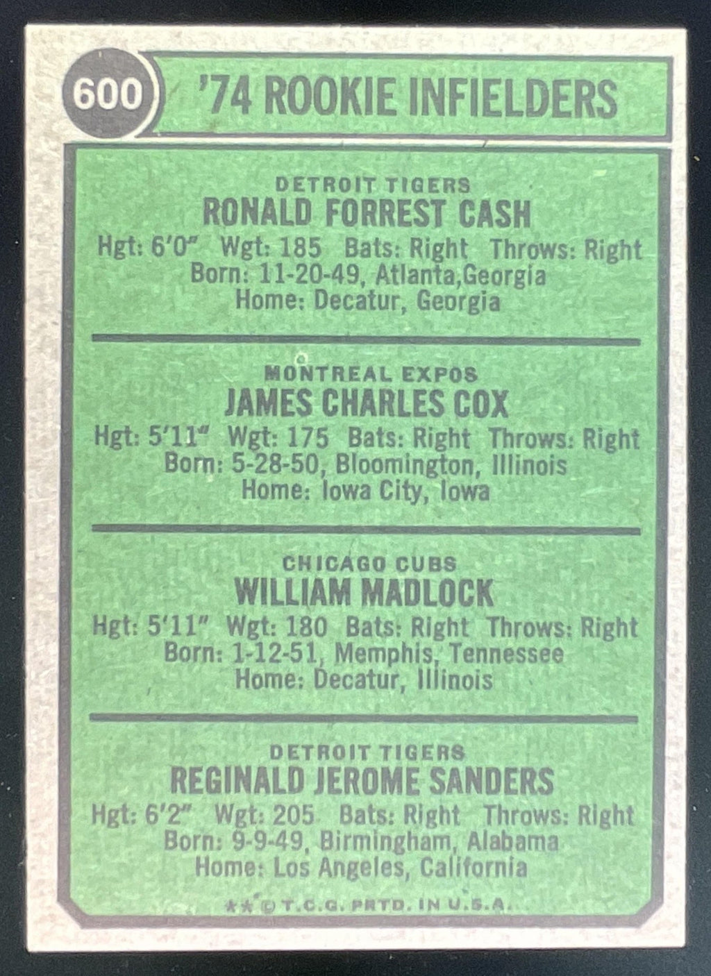 1974 Topps #600 1974 Rookie Ron Cash Jim Cox Bill Madlock Reggie Sanders RC product image 2, provided for visual reference