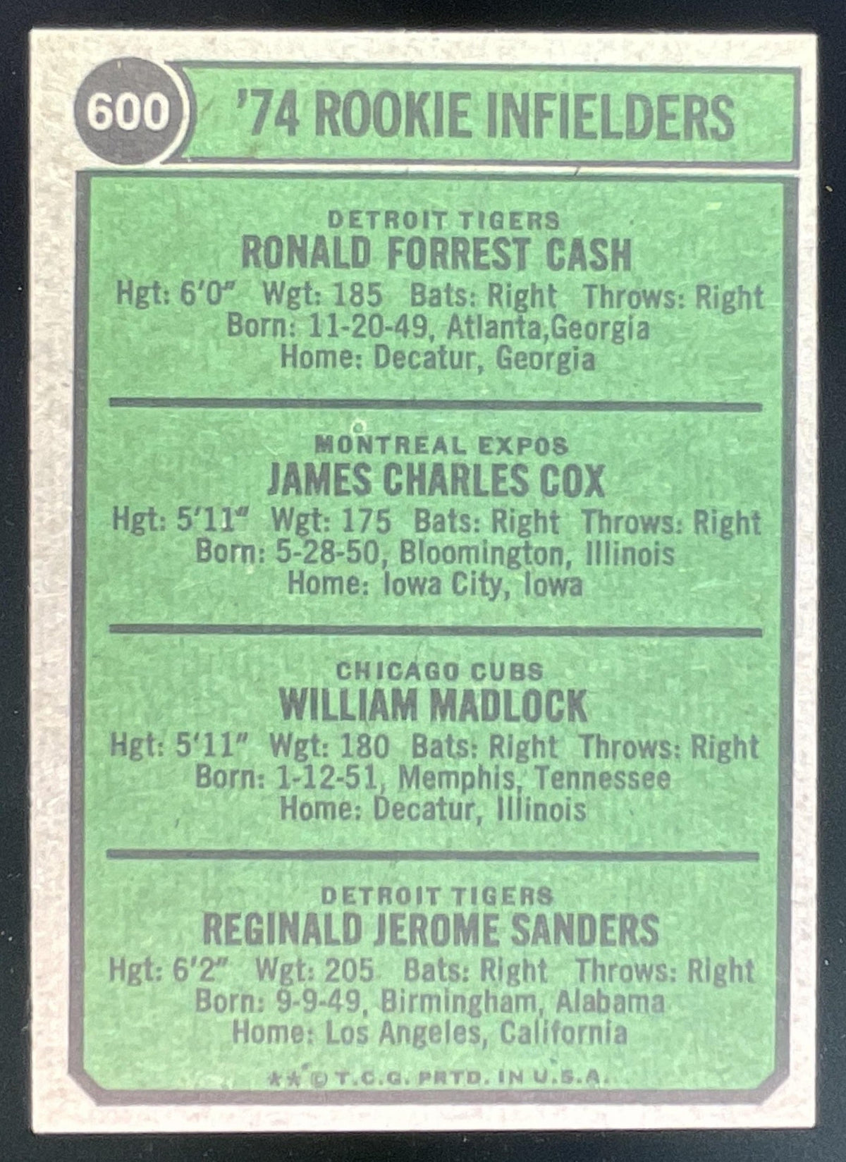 1974 Topps #600 1974 Rookie Ron Cash Jim Cox Bill Madlock Reggie Sanders RC product image 2, provided for visual reference