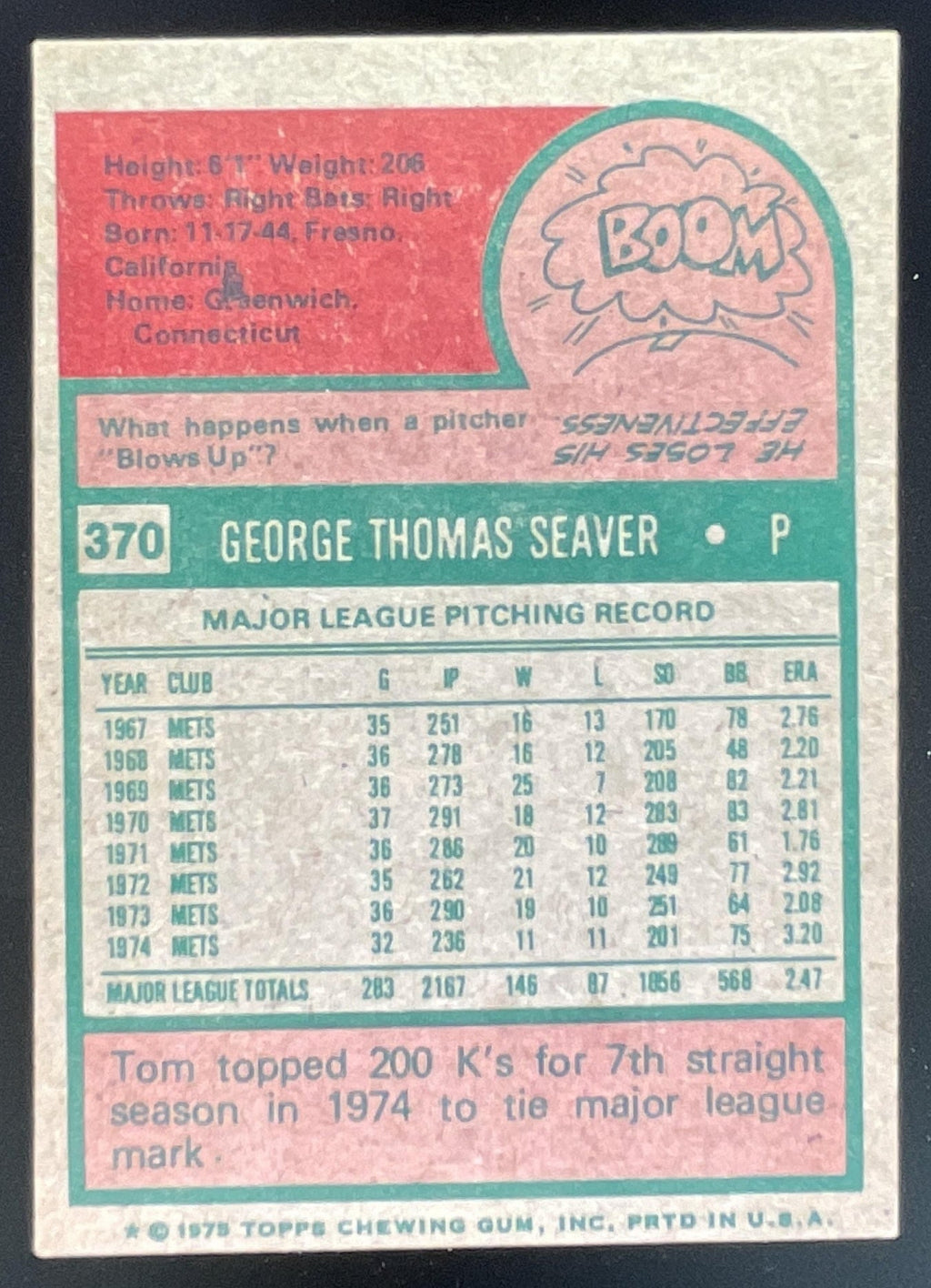 1975 Topps #370 Tom Seaver product image 2, provided for visual reference and product detail review