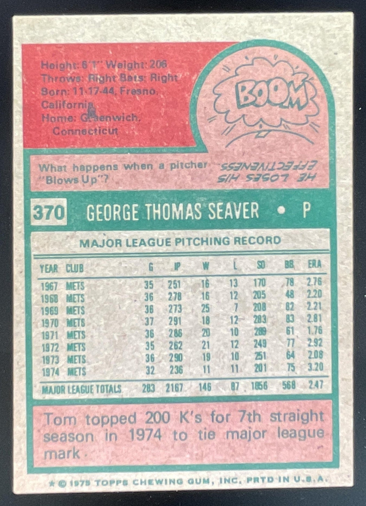 1975 Topps #370 Tom Seaver product image 2, provided for visual reference and product detail review