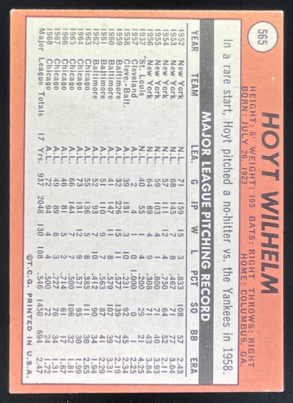 1969 Topps #565 Hoyt Wilhelm product image 2, provided for visual reference and product detail review