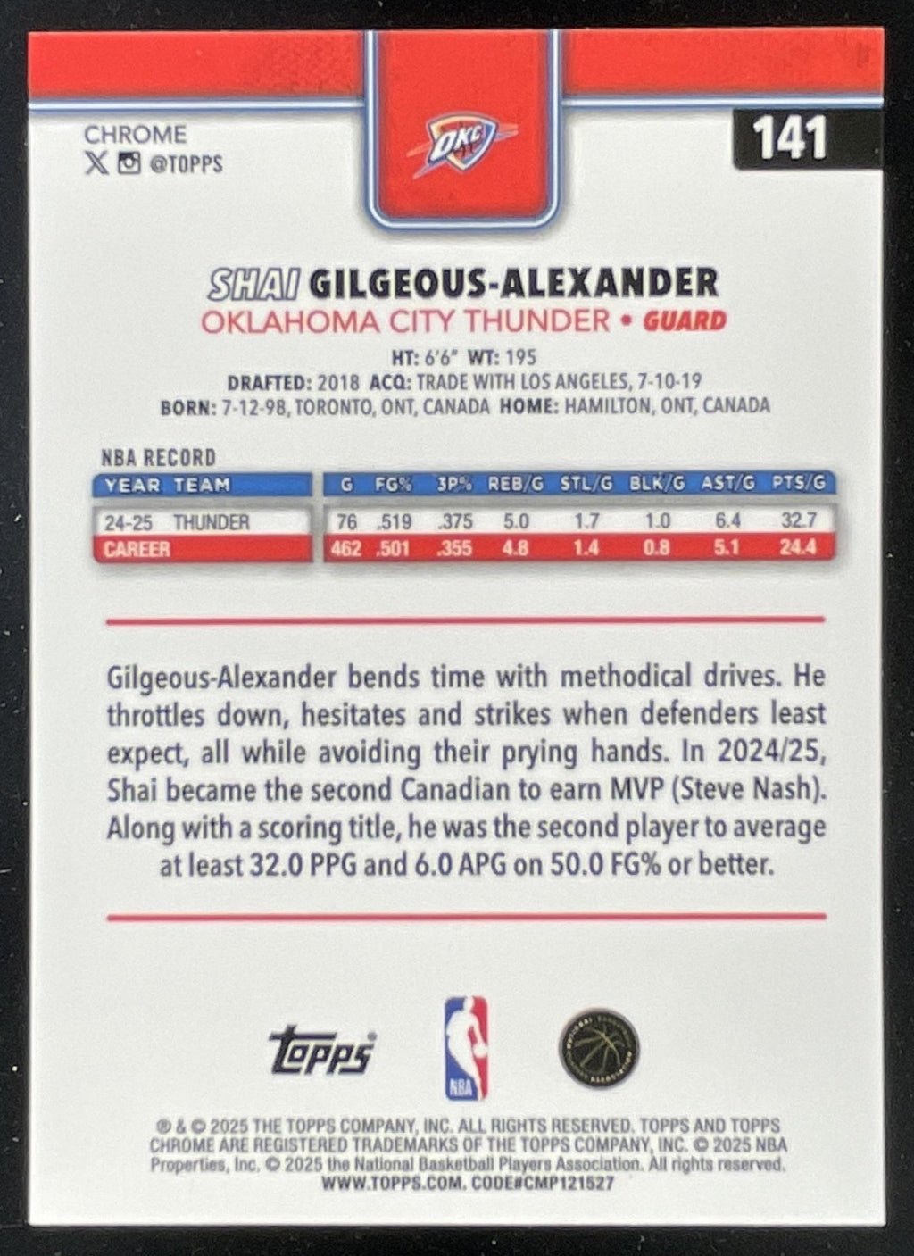 2025-26 Topps Chrome #141 Shai Gilgeous-Alexander product image 2, provided for visual reference and product detail review