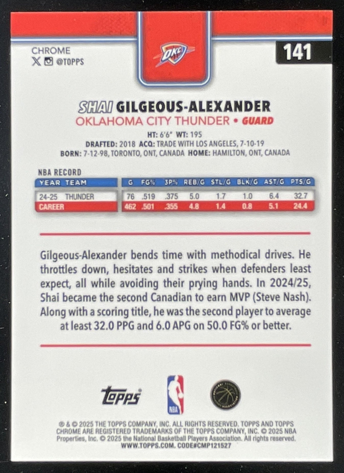 2025-26 Topps Chrome #141 Shai Gilgeous-Alexander product image 2, provided for visual reference and product detail review