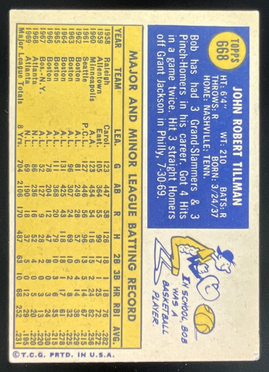 1970 Topps #668 Bob Tillman product image 2, provided for visual reference and product detail review