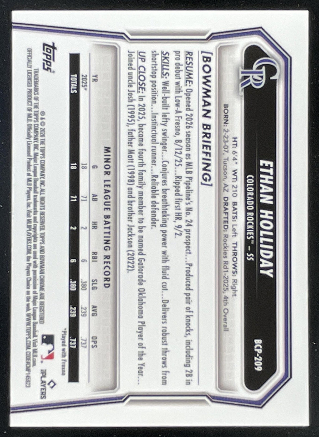 2026 Bowman Chrome Prospects Silver Wave Refractor #BCP-209 Ethan Holliday /100 product image 2, provided for visual