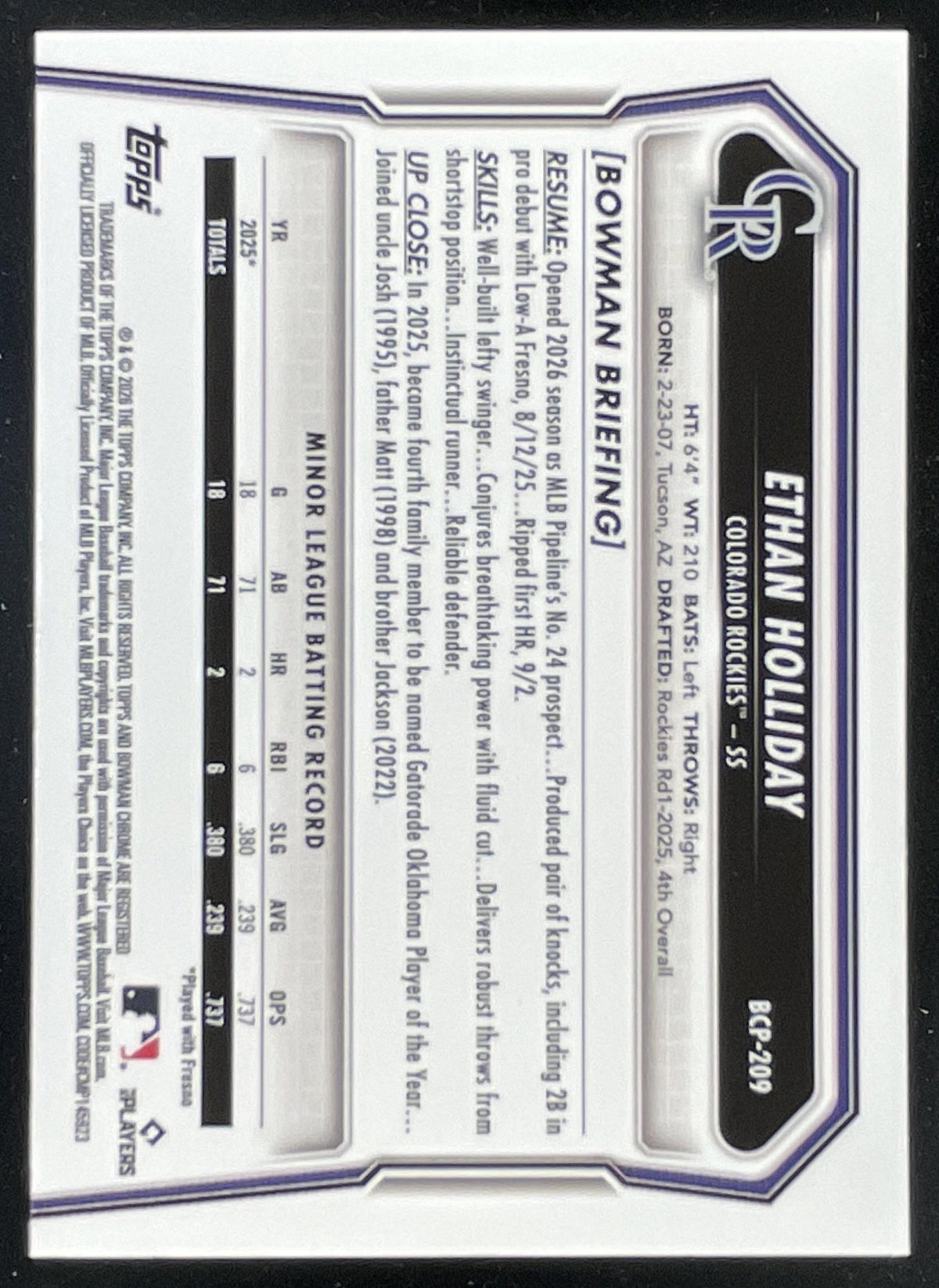 2026 Bowman Chrome Prospects Silver Wave Refractor #BCP-209 Ethan Holliday /100 product image 2, provided for visual