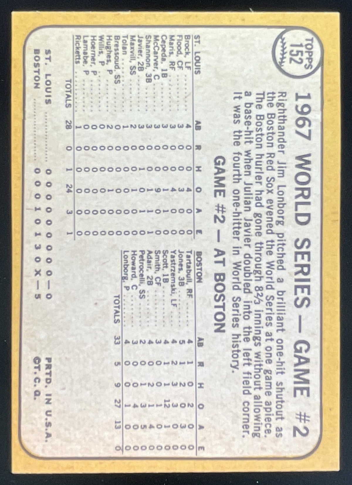 1968 Topps #152 World Series Game #2 - Yaz Smashes Two Homers product image 2, provided for visual reference and product