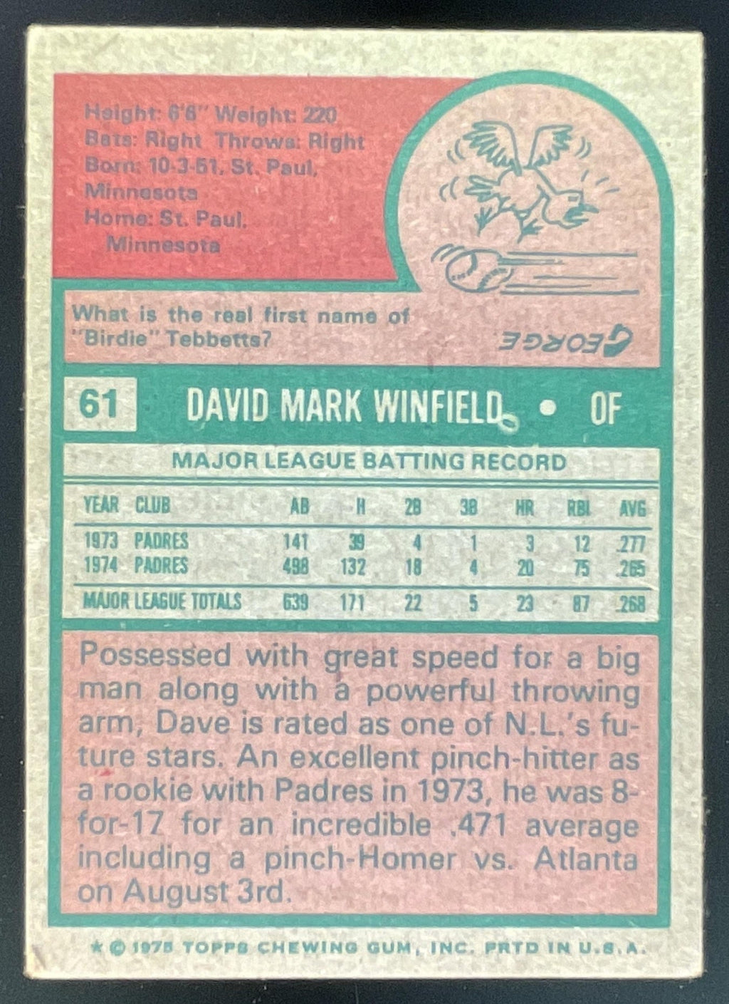 1975 Topps #61 Dave Winfield product image 2, provided for visual reference and product detail review