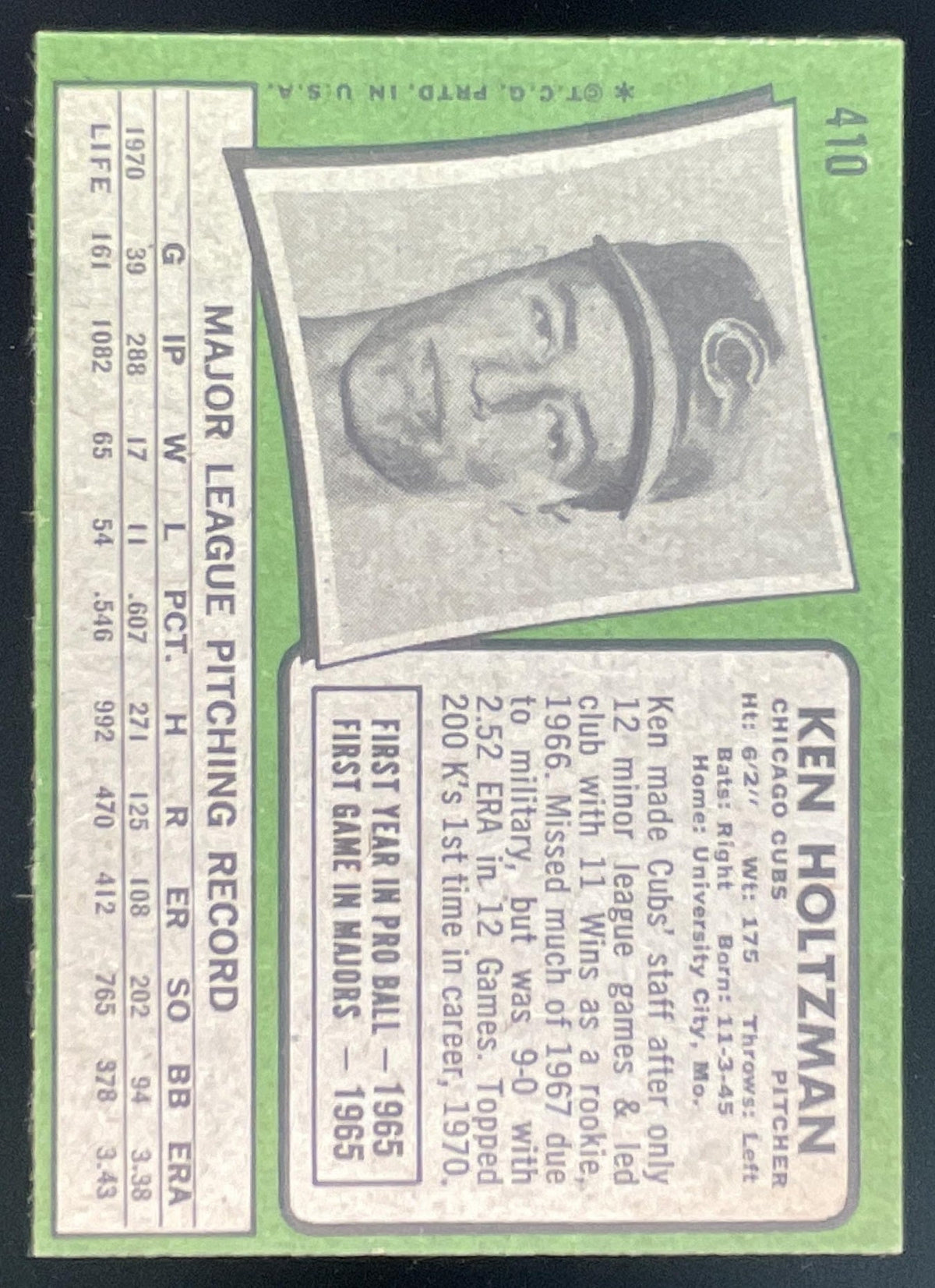 1971 Topps #410 Ken Holtzman product image 2, provided for visual reference and product detail review