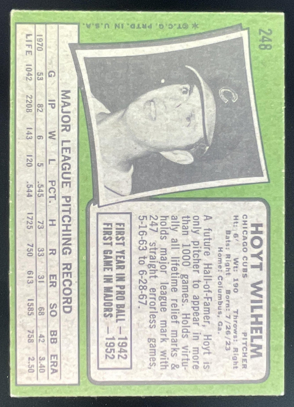 1971 Topps #248 Hoyt Wilhelm product image 2, provided for visual reference and product detail review