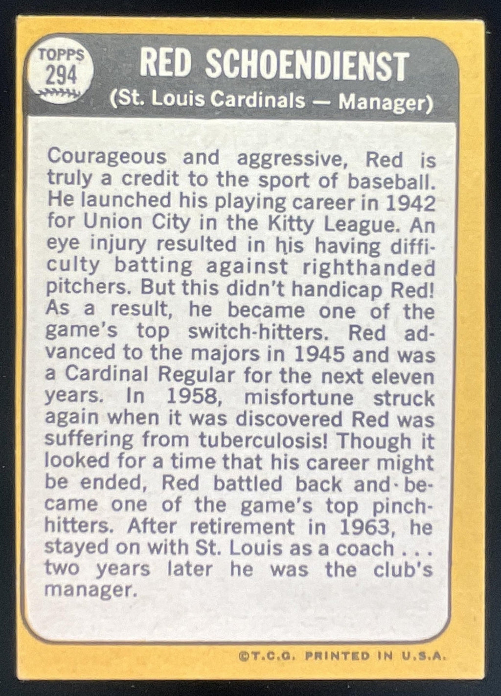 1968 Topps #294 Red Schoendienst product image 2, provided for visual reference and product detail review