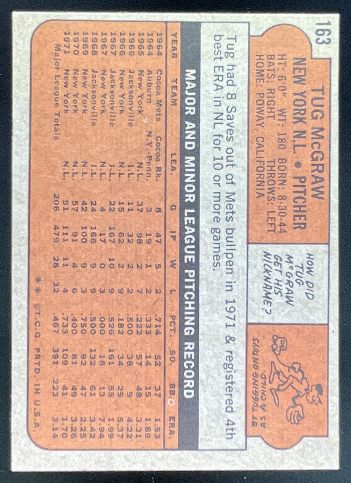 1972 Topps #163 Tug McGraw product image 2, provided for visual reference and product detail review