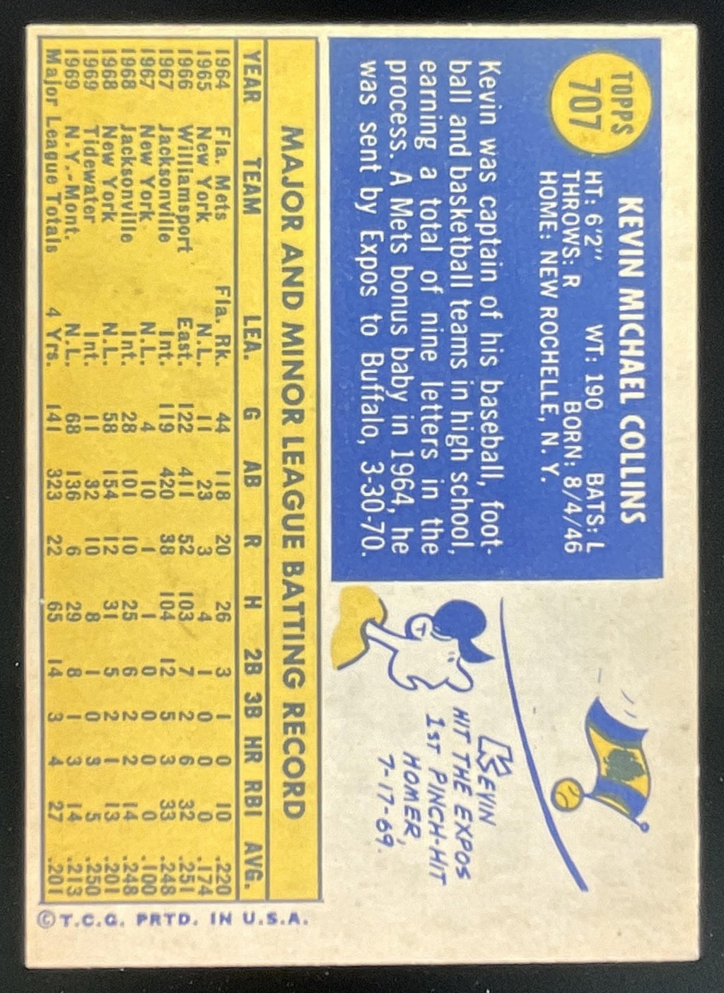 1970 Topps #707 Kevin Collins product image 2, provided for visual reference and product detail review