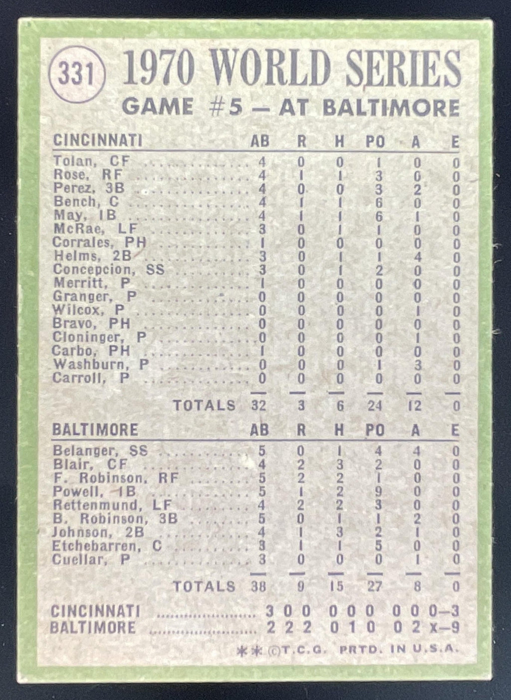 1971 Topps #331 1970 World Series Game 5: B. Robinson Commits Robbery! product image 2, provided for visual reference and