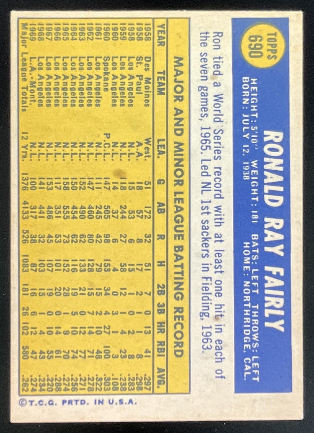 1970 Topps #690 Ron Fairly product image 2, provided for visual reference and product detail review