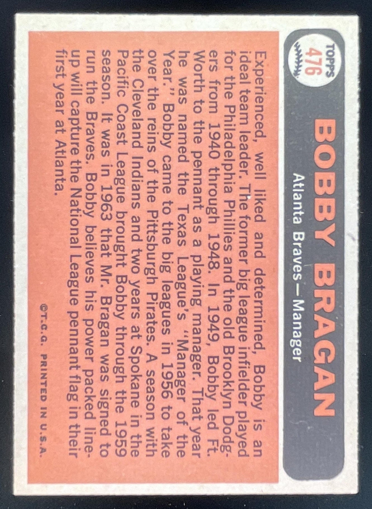 1966 Topps #476 Bobby Bragan product image 2, provided for visual reference and product detail review