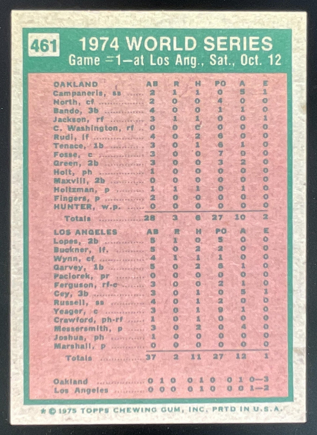 1975 Topps #461 1974 World Series Game 1 WS product image 2, provided for visual reference and product detail review