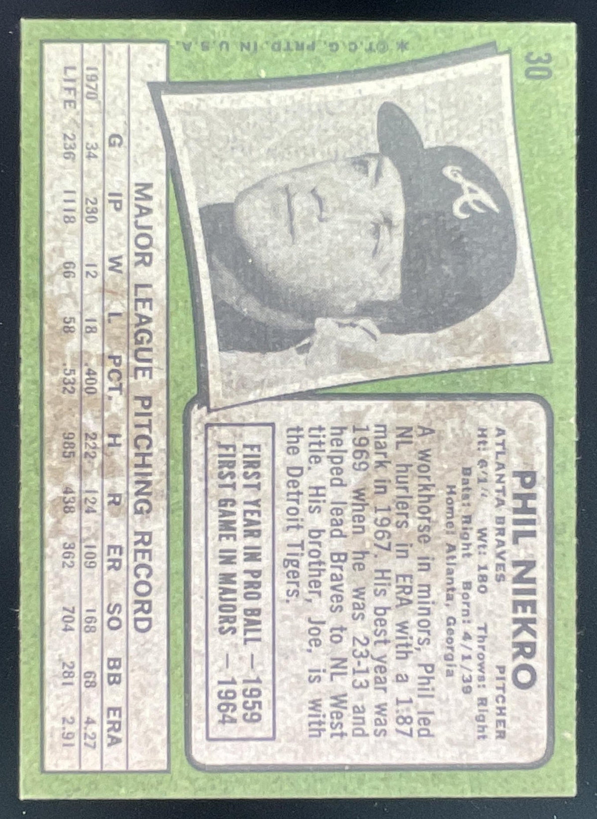 1971 Topps #30 Phil Niekro product image 2, provided for visual reference and product detail review