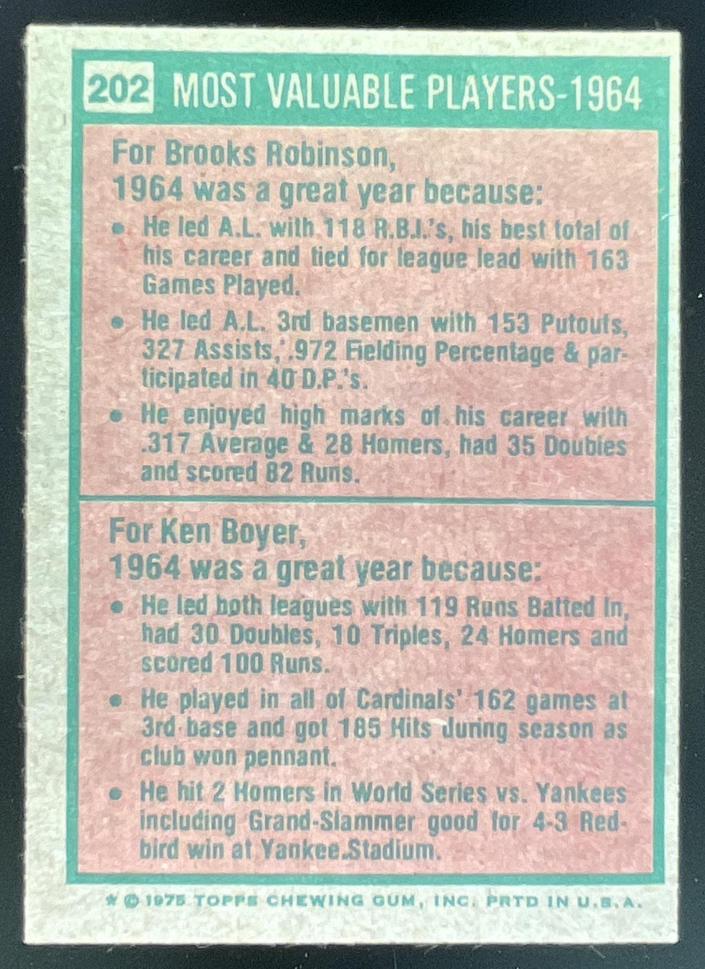 1975 Topps #202 1964s Brooks Robinson Ken Boyer MVP product image 2, provided for visual reference and product detail review
