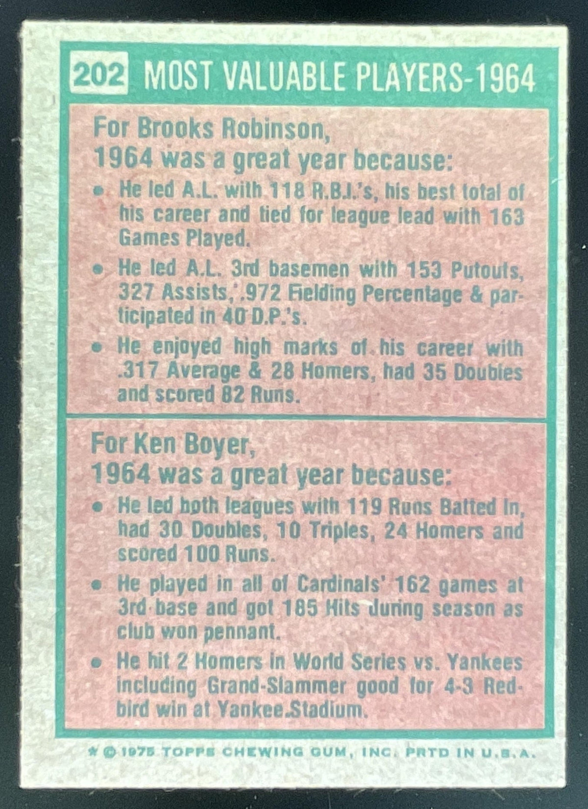 1975 Topps #202 1964s Brooks Robinson Ken Boyer MVP product image 2, provided for visual reference and product detail review