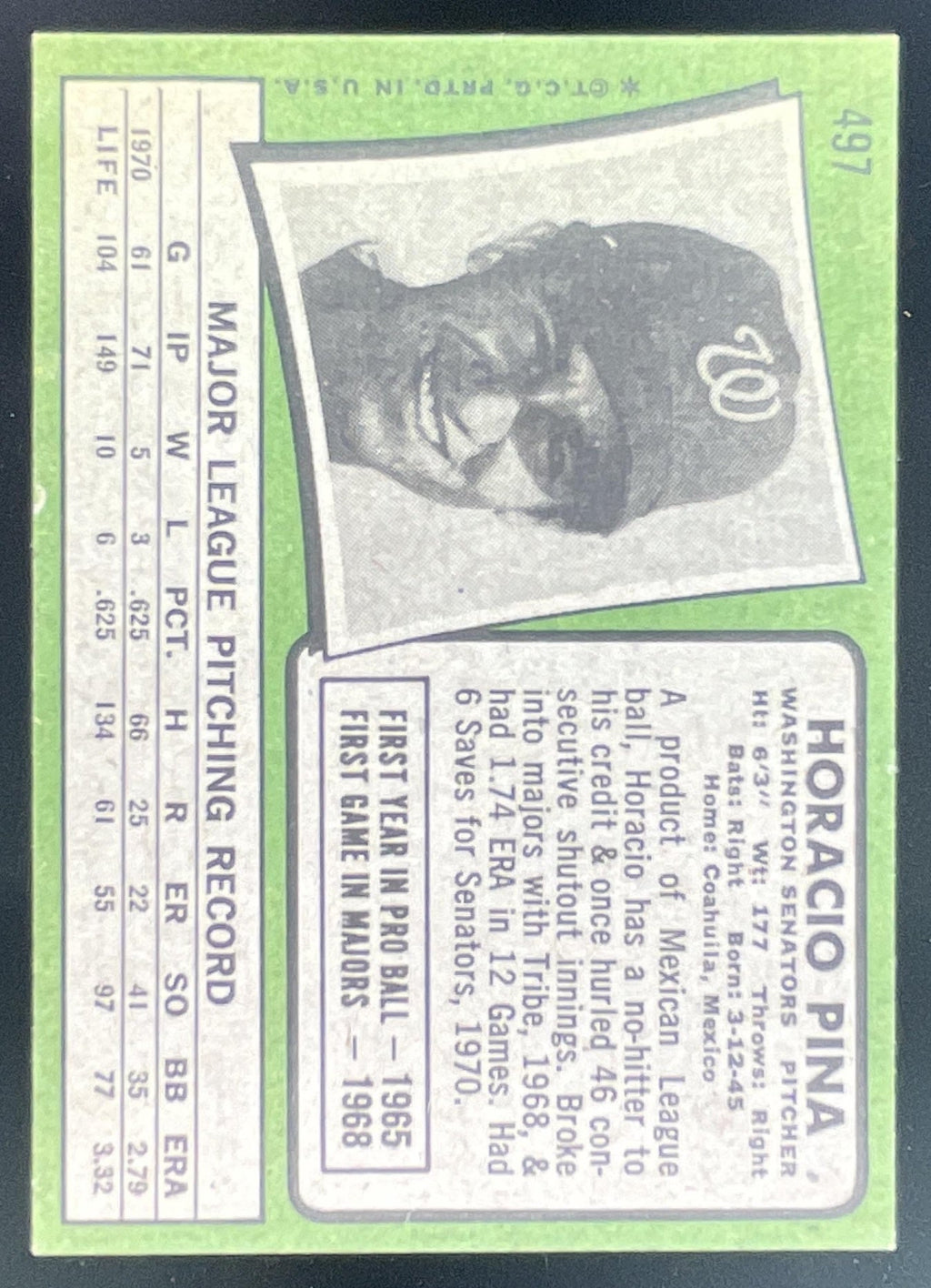1971 Topps #497 Horacio Pina RC product image 2, provided for visual reference and product detail review