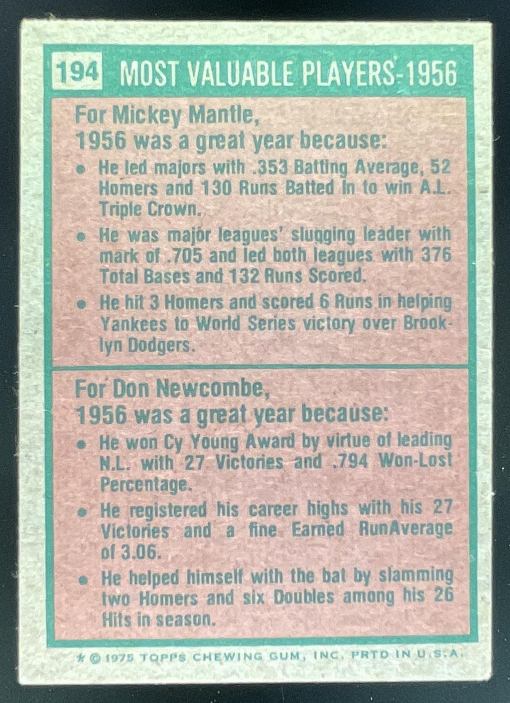 1975 Topps #194 1956s Mickey Mantle Don Newcombe MVP product image 2, provided for visual reference and product detail review