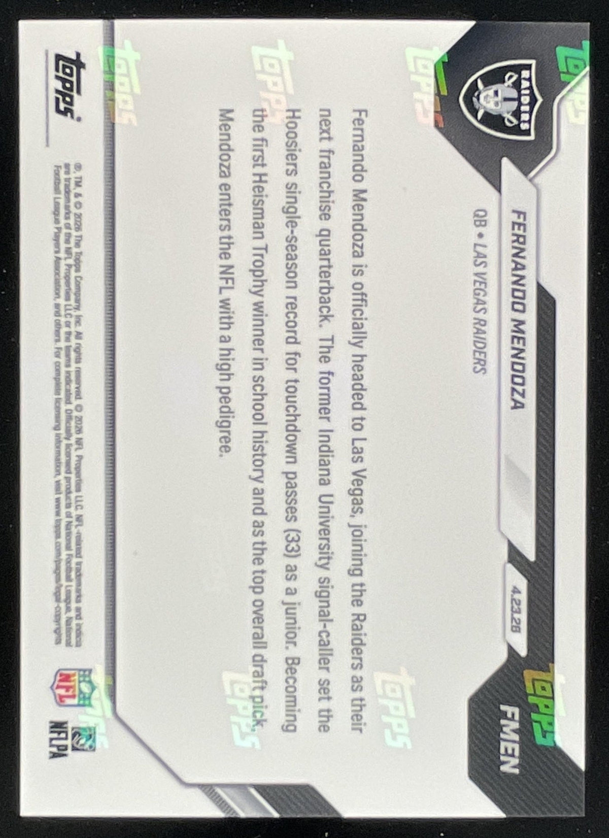 2026 Topps Now NFL Draft #FMEN Fernando Mendoza RC product image 2, provided for visual reference and product detail review