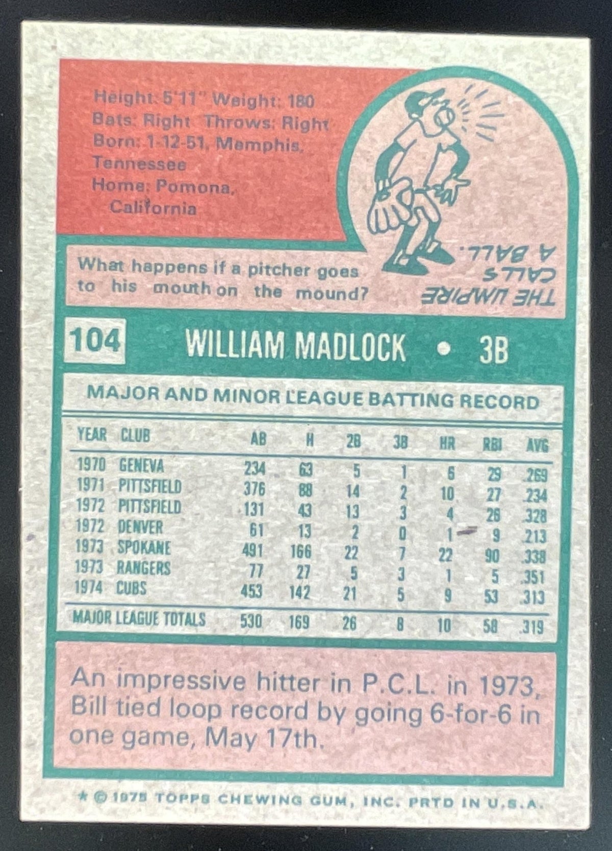 1975 Topps #104 Bill Madlock Super Rookie All-Star ROOKIE product image 2, provided for visual reference and product detail