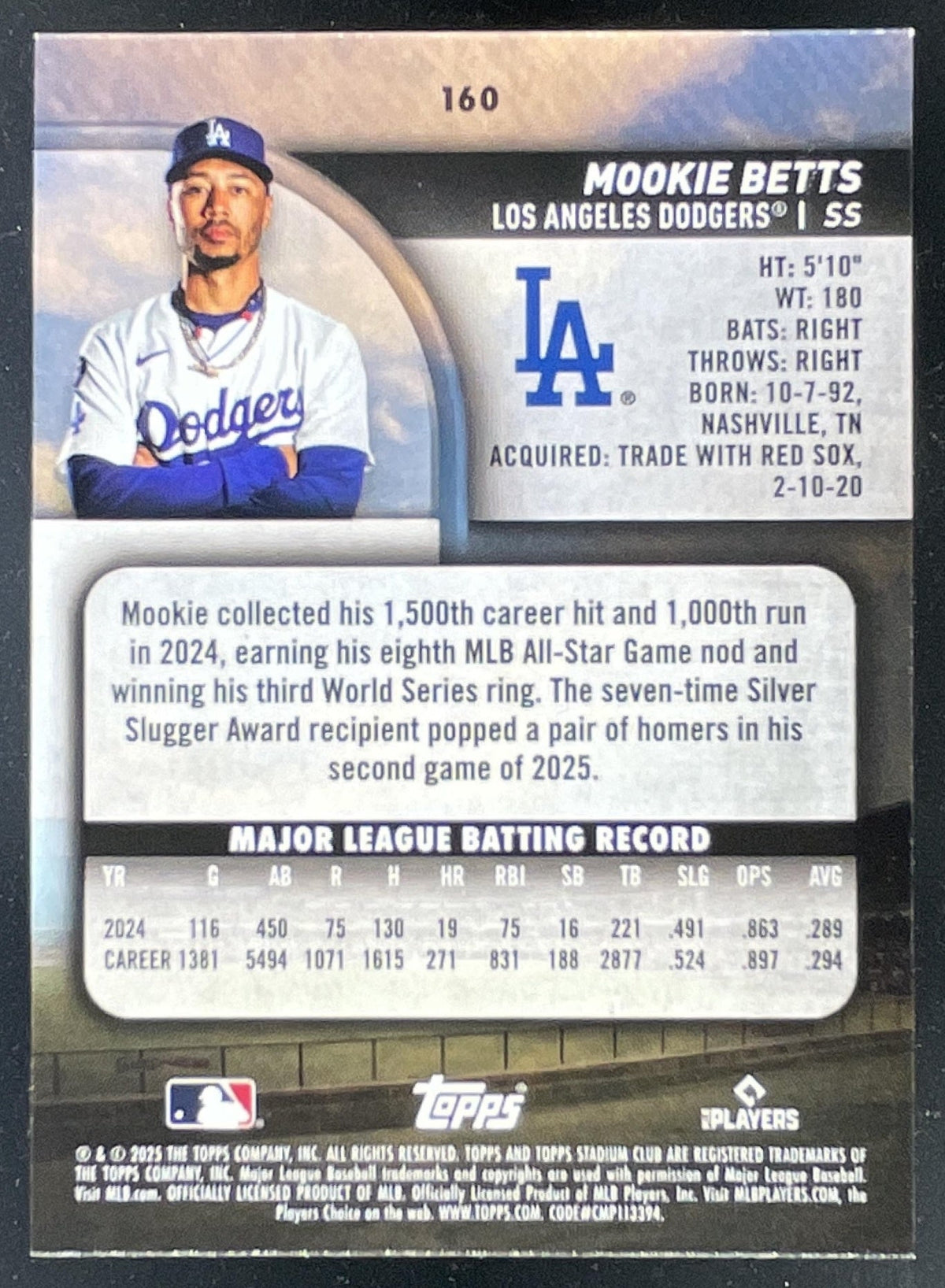 2025 Topps Stadium Club #160 Mookie Betts product image 2, provided for visual reference and product detail review