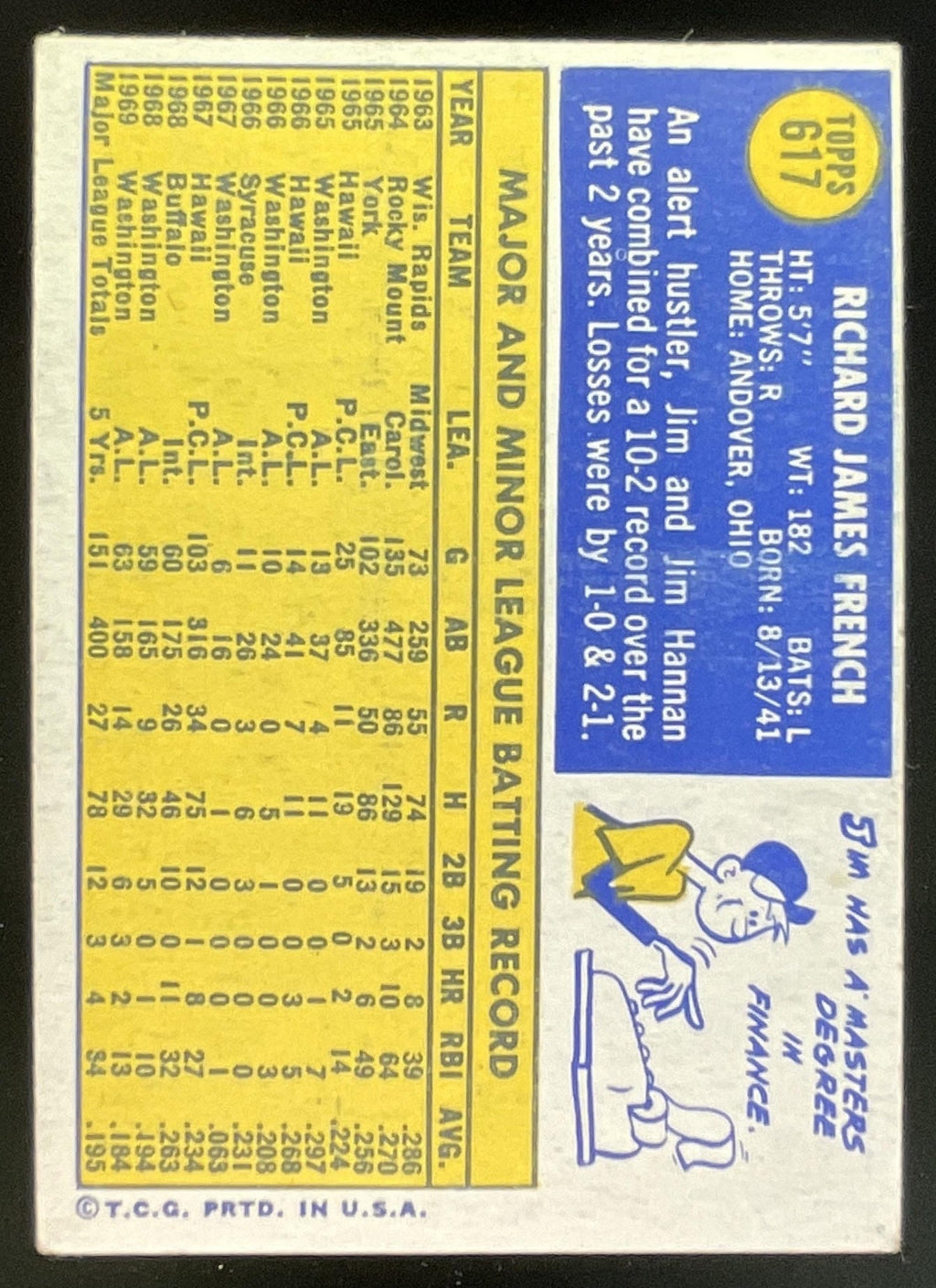 1970 Topps #617 Jim French product image 2, provided for visual reference and product detail review