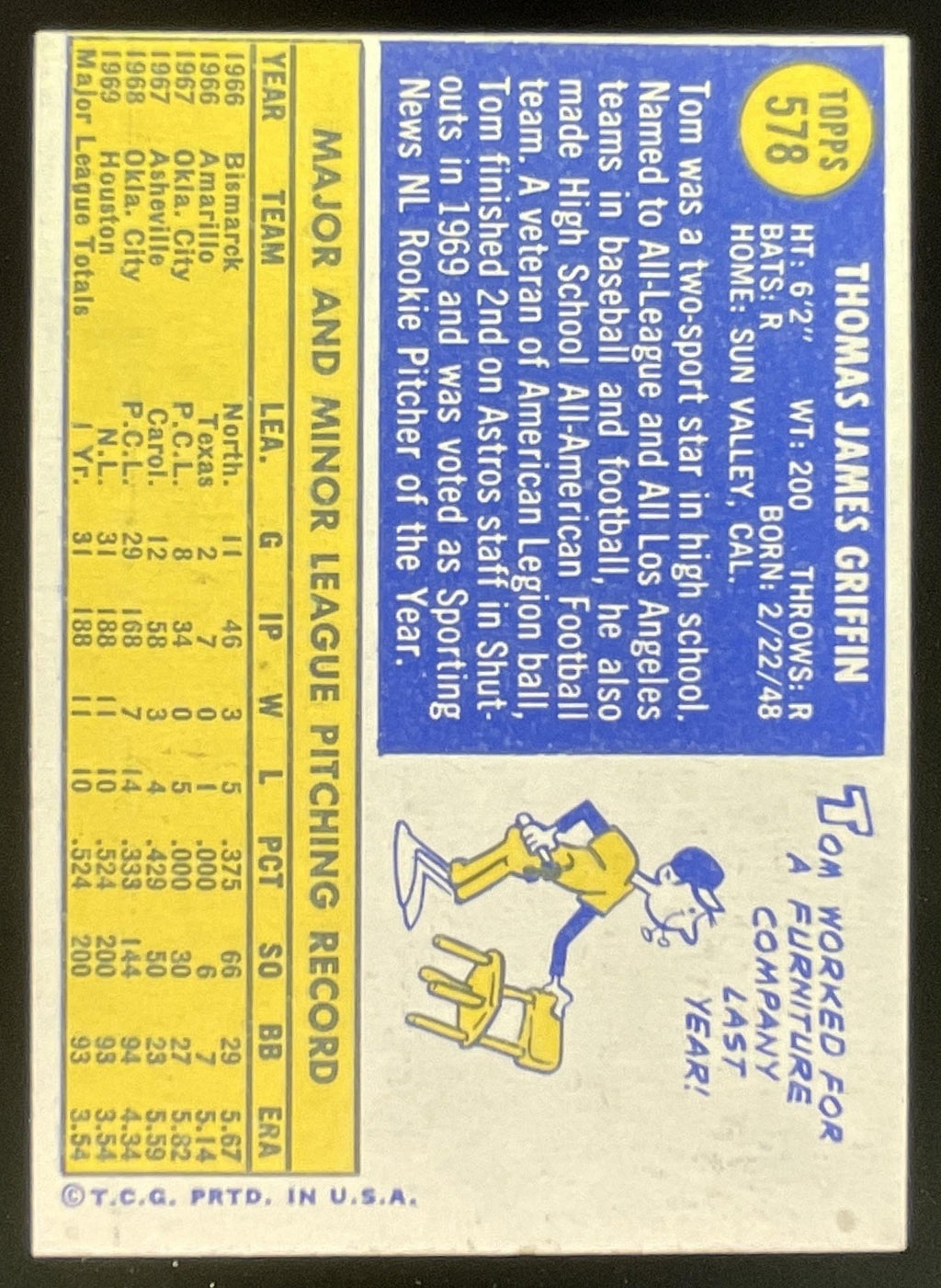 1970 Topps #578 Tom Griffin product image 2, provided for visual reference and product detail review