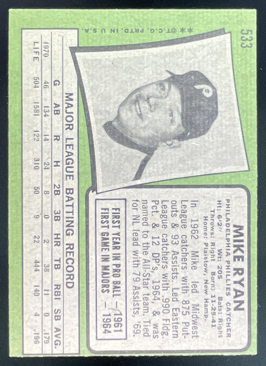 1971 Topps #533 Mike Ryan product image 2, provided for visual reference and product detail review