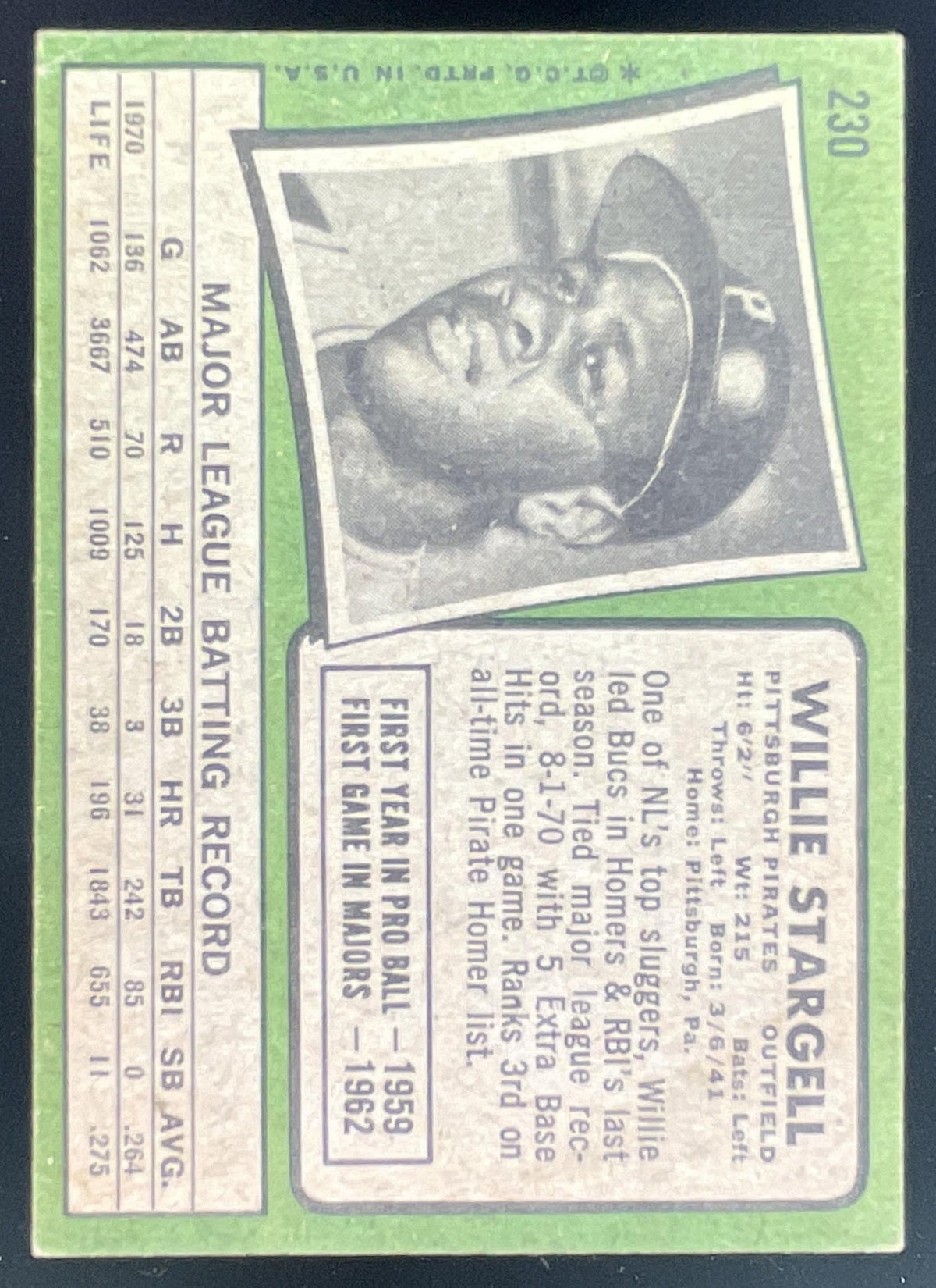 1971 Topps #230 Willie Stargell product image 2, provided for visual reference and product detail review