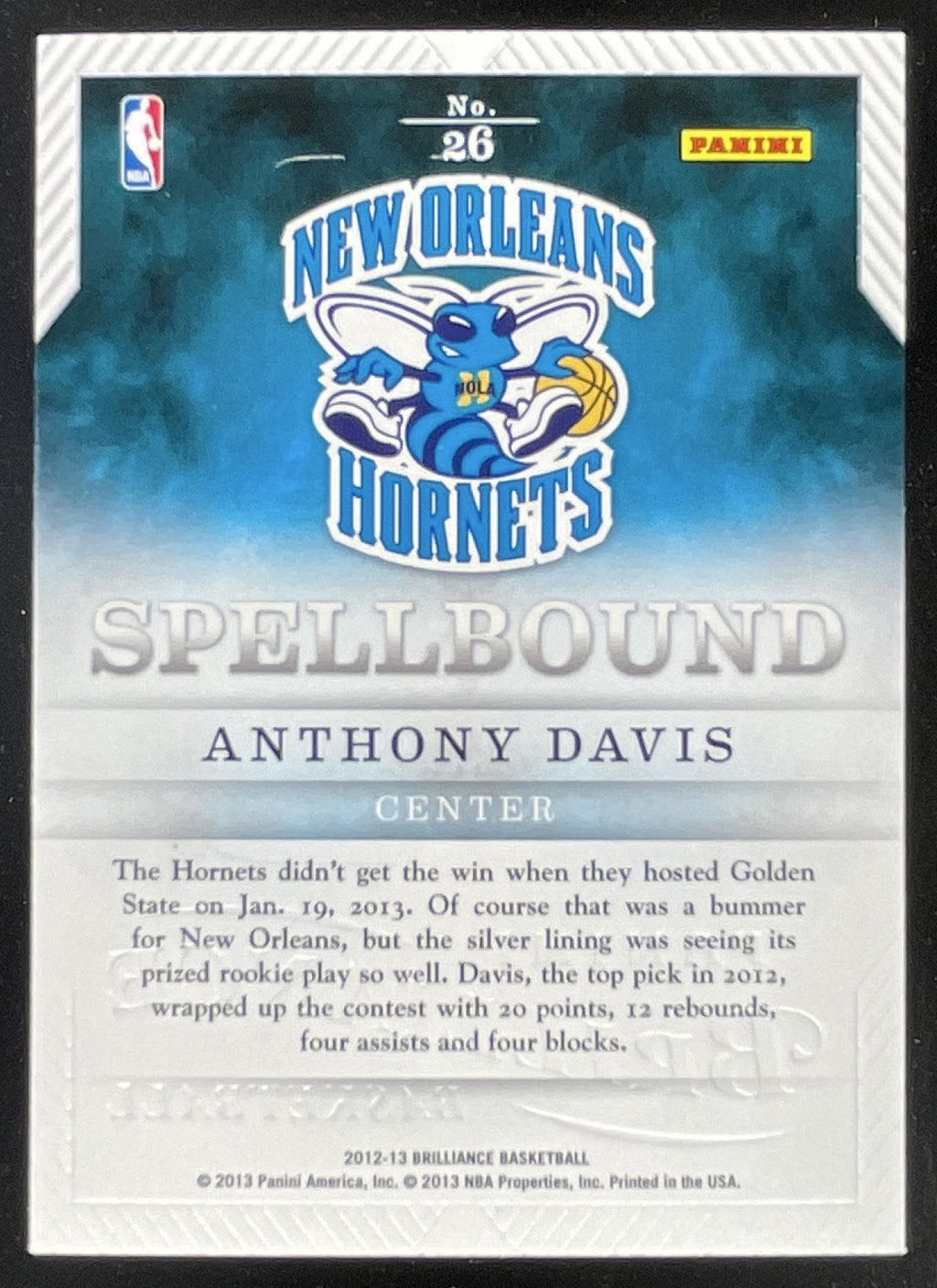 2012-13 Panini Brilliance Spellbound #26 Anthony Davis RC product image 2, provided for visual reference and product detail