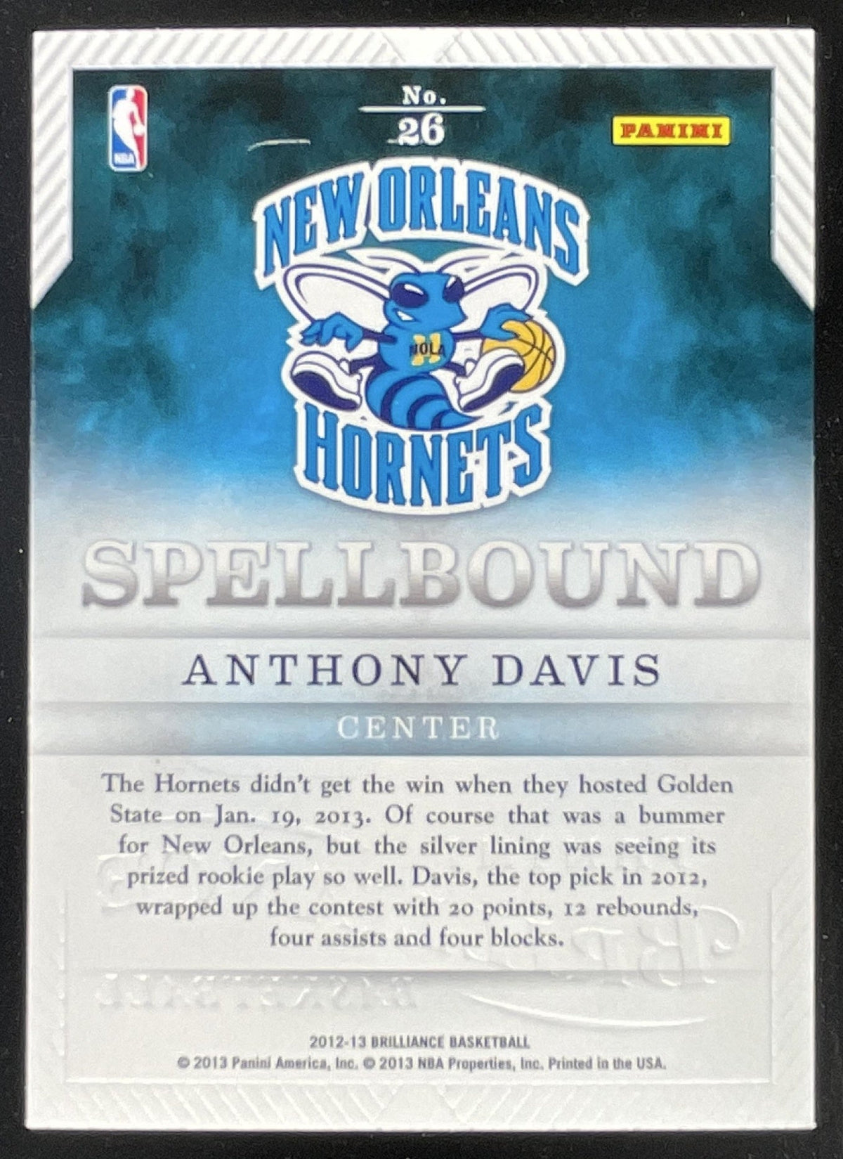 2012-13 Panini Brilliance Spellbound #26 Anthony Davis RC product image 2, provided for visual reference and product detail