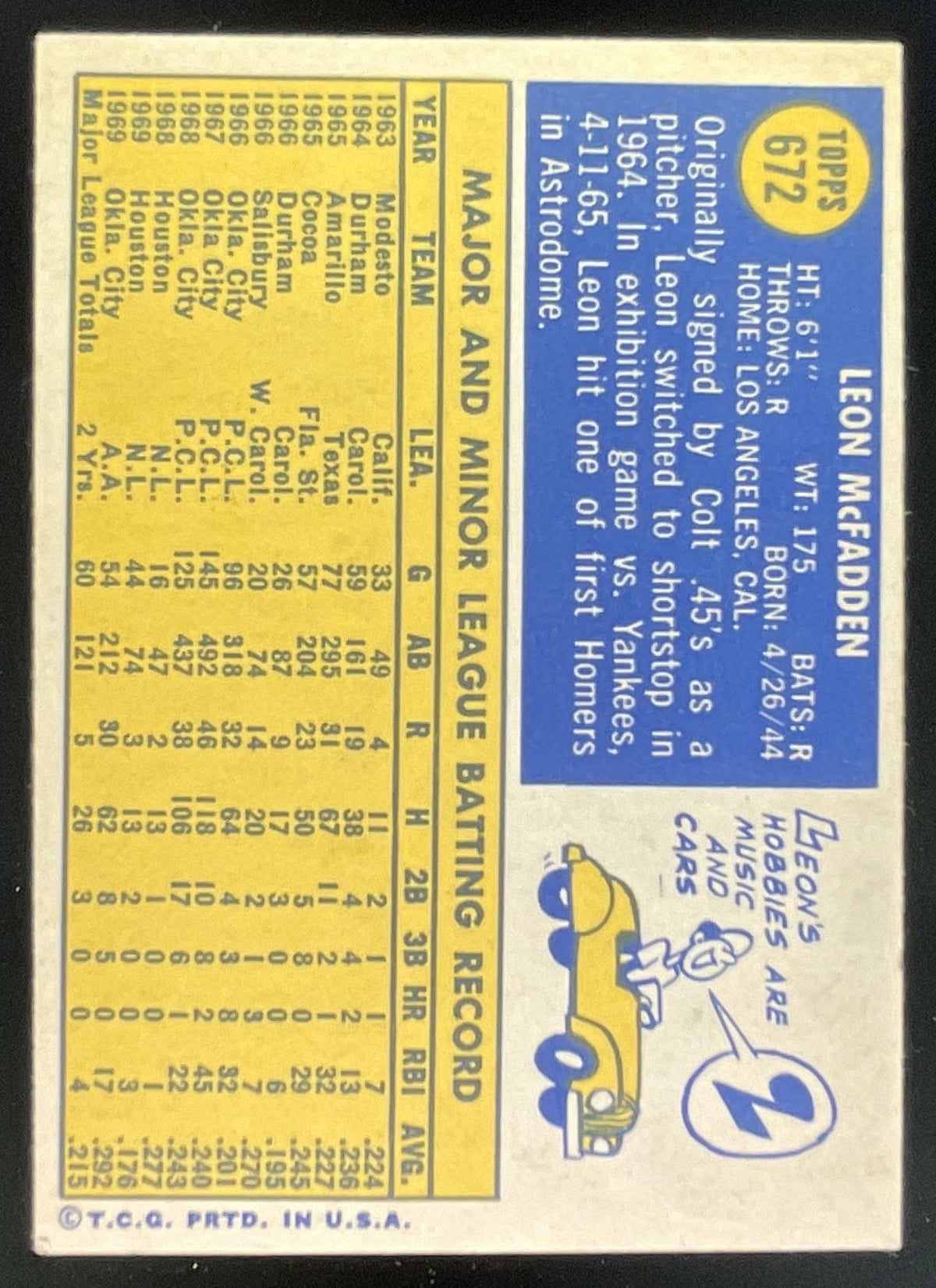 1970 Topps #672 Leon McFadden product image 2, provided for visual reference and product detail review