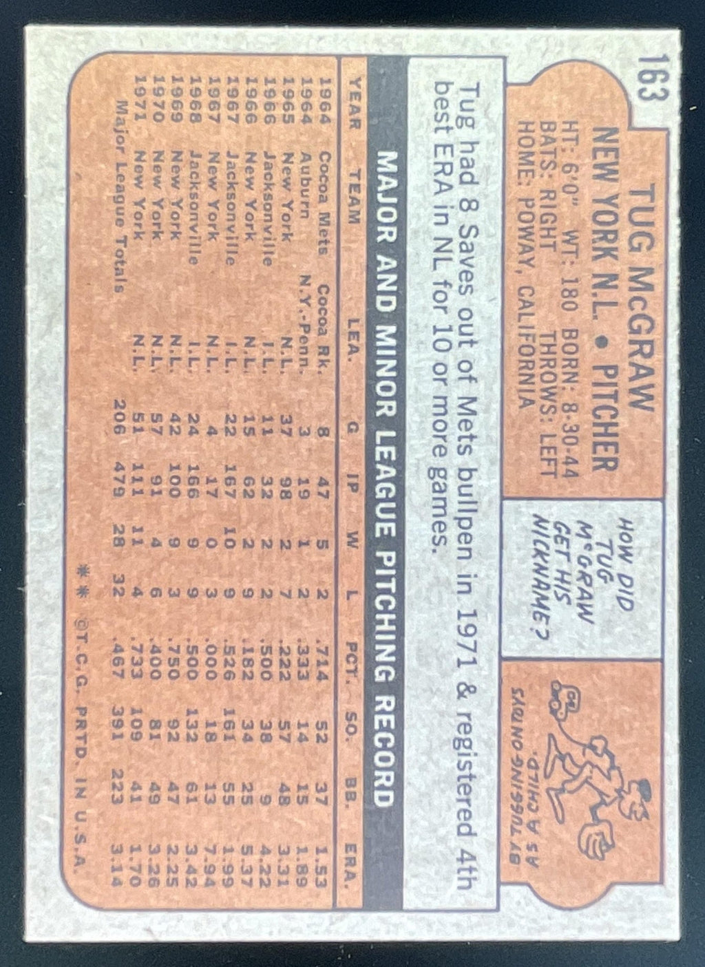 1972 Topps #163 Tug McGraw product image 2, provided for visual reference and product detail review