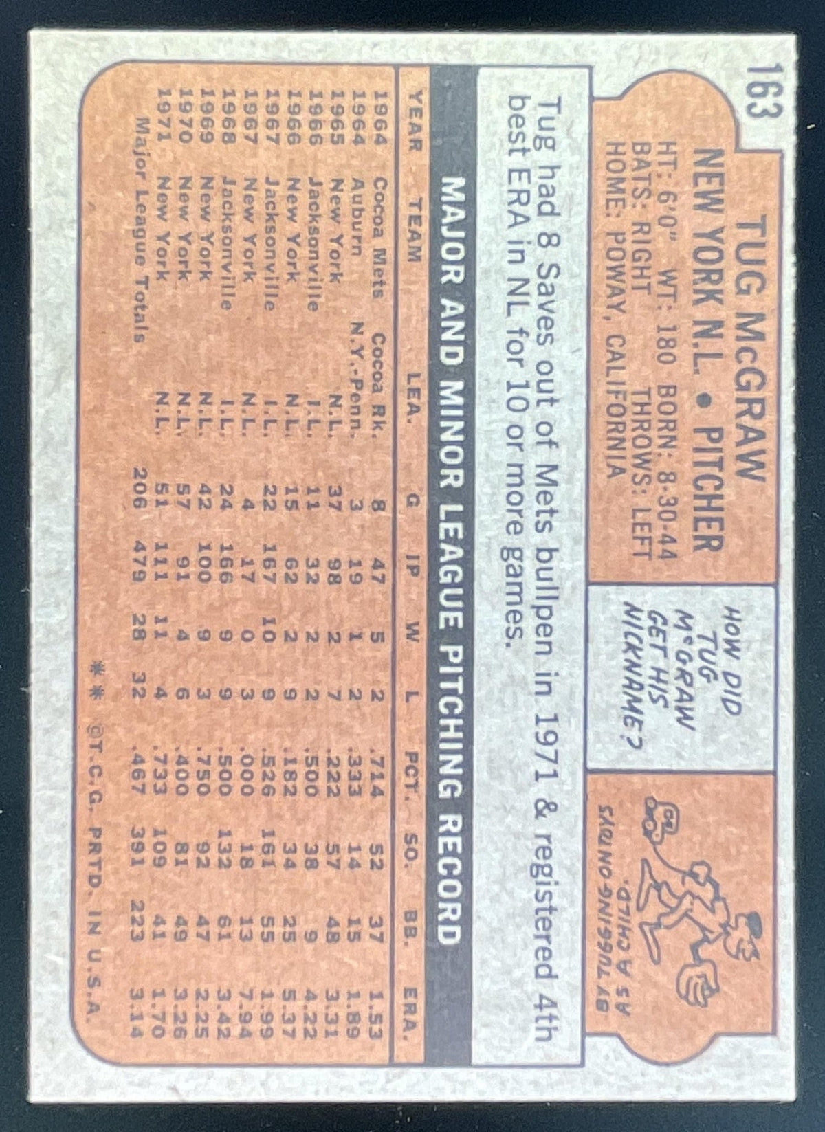 1972 Topps #163 Tug McGraw product image 2, provided for visual reference and product detail review