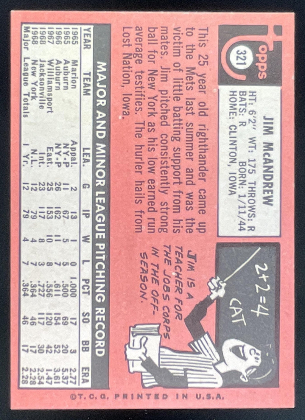 1969 Topps #321 Jim McAndrew RC product image 2, provided for visual reference and product detail review