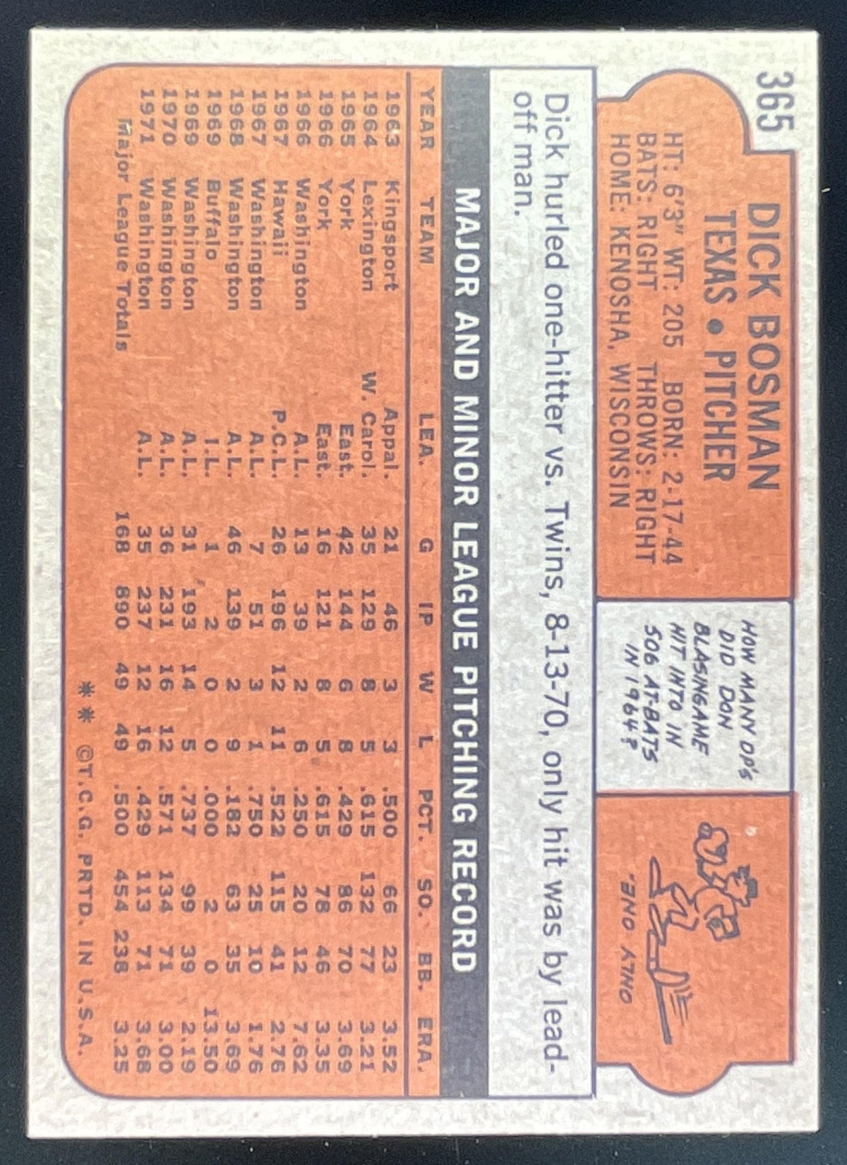 1972 Topps #365 Dick Bosman product image 2, provided for visual reference and product detail review
