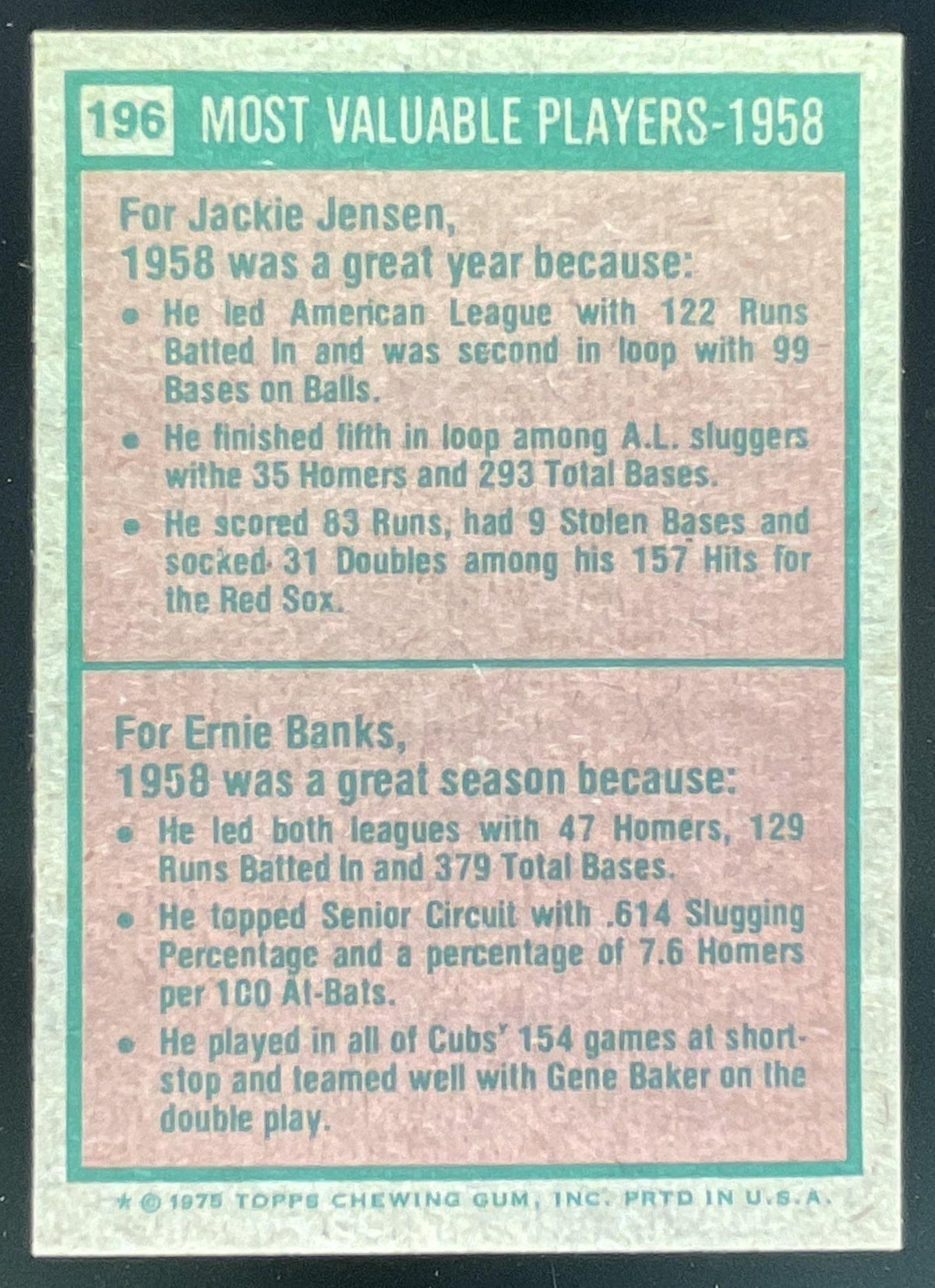 1975 Topps #196 1958s Jackie Jensen Ernie Banks MVP product image 2, provided for visual reference and product detail review