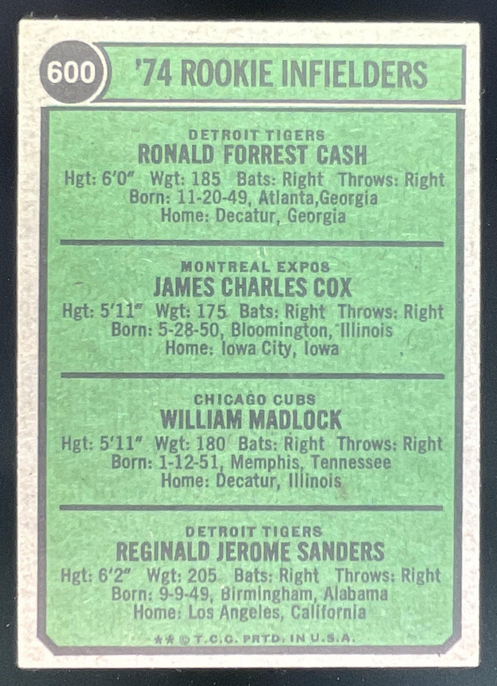 1974 Topps #600 1974 Rookie Ron Cash Jim Cox Bill Madlock Reggie Sanders RC product image 2, provided for visual reference