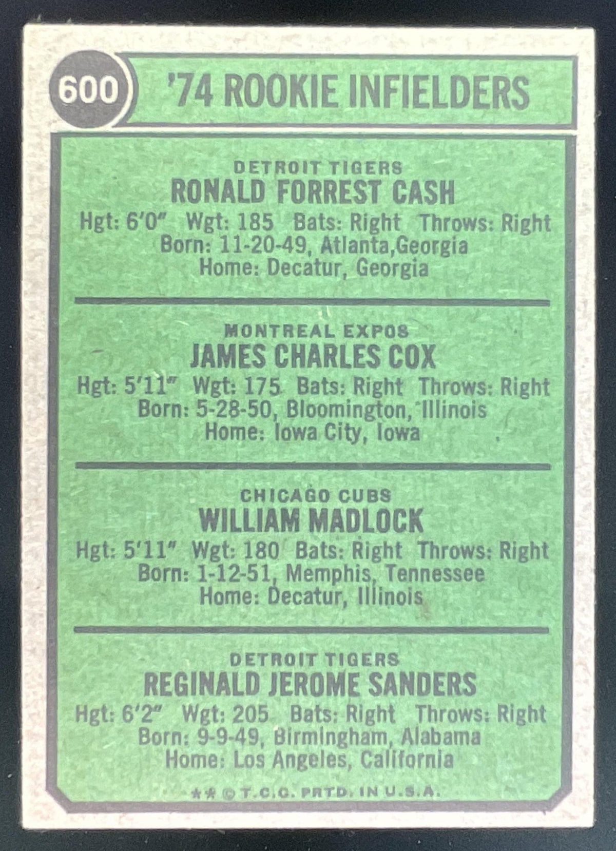 1974 Topps #600 1974 Rookie Ron Cash Jim Cox Bill Madlock Reggie Sanders RC product image 2, provided for visual reference