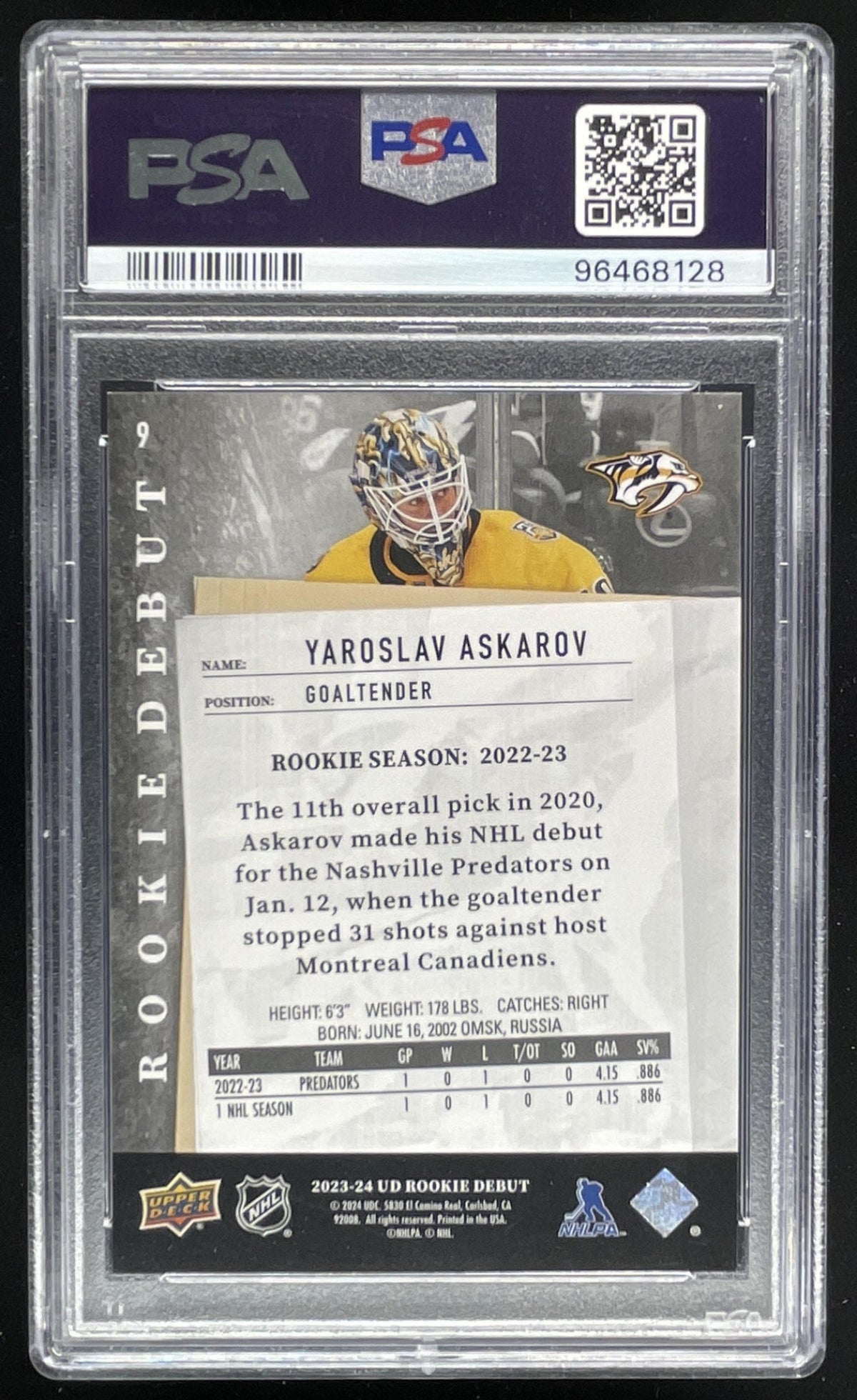2023-24 Upper Deck Rookie Debut Blue #9 Yaroslav Askarov RC /249 PSA 9 product image 2, provided for visual reference and