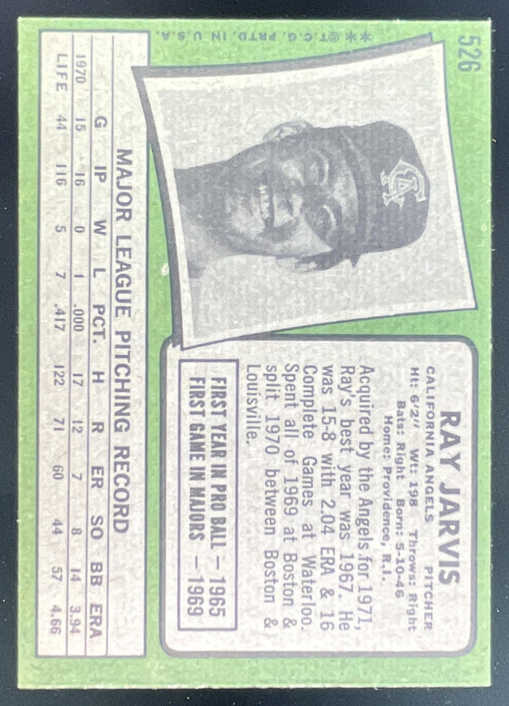 1971 Topps #526 Ray Jarvis product image 2, provided for visual reference and product detail review
