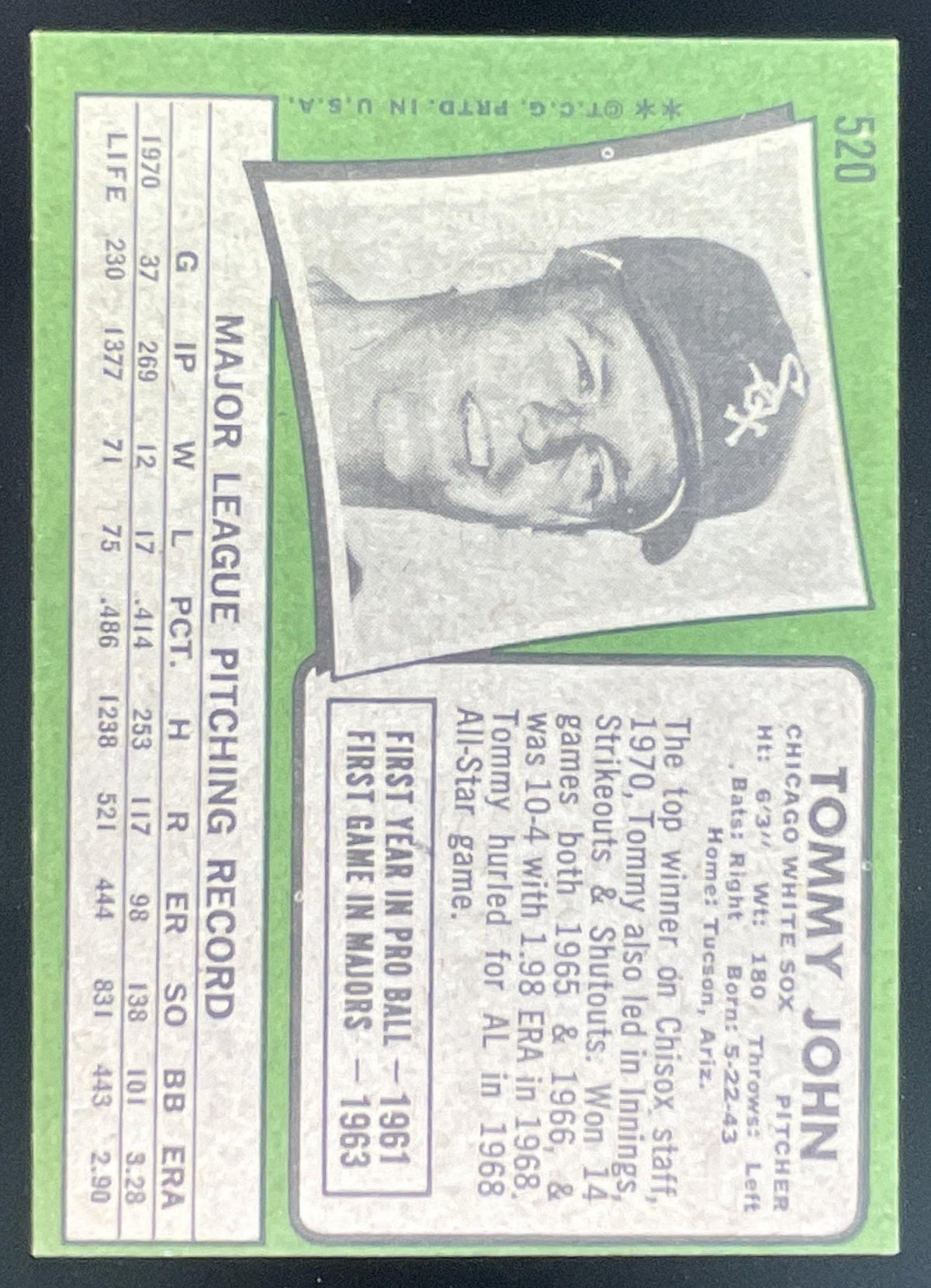 1971 Topps #520 Tommy John product image 2, provided for visual reference and product detail review