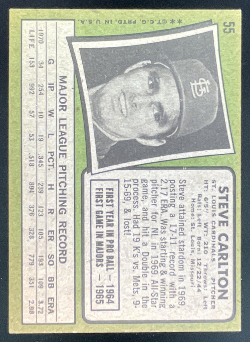 1971 Topps #55 Steve Carlton product image 2, provided for visual reference and product detail review