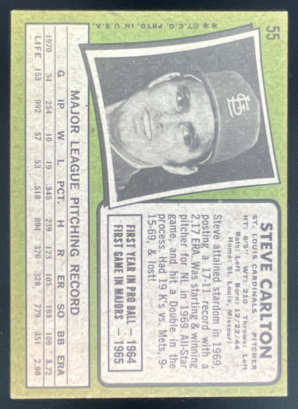 1971 Topps #55 Steve Carlton product image 2, provided for visual reference and product detail review