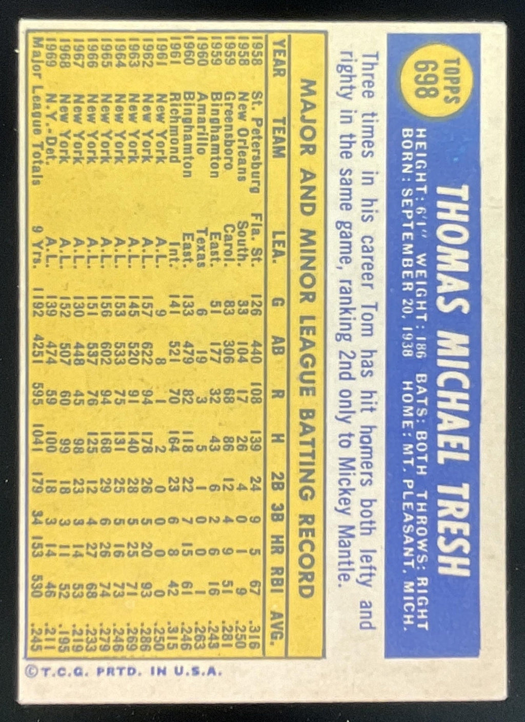 1970 Topps #698 Tom Tresh product image 2, provided for visual reference and product detail review