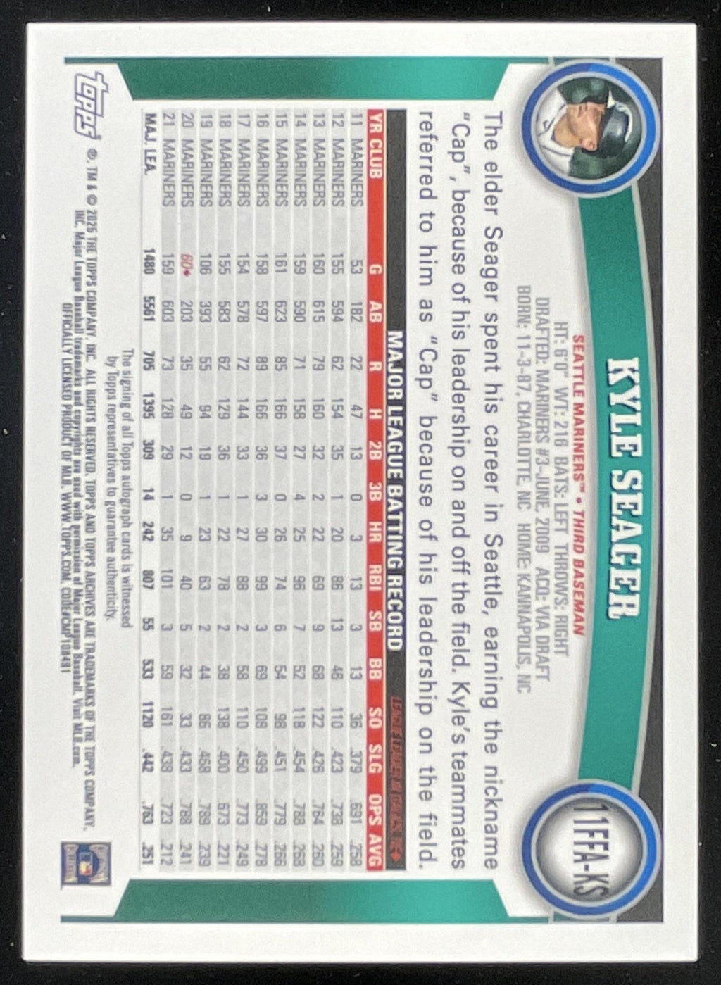 2025 Topps Archives 2011 Fan Favorites Blue #11FFA-KS Kyle Seager Auto /25 product image 2, provided for visual reference